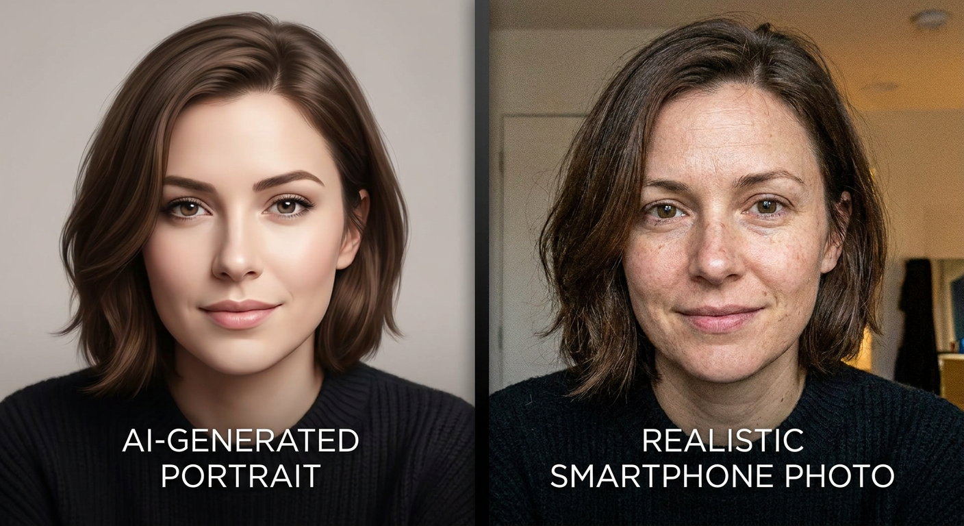 Side-by-side comparison of an AI-generated portrait and a Real Touch enhanced version with natural skin texture