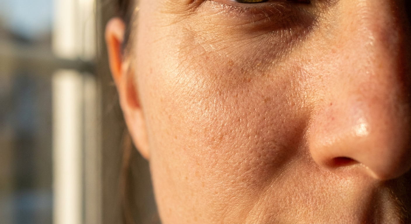 Close-up of realistic skin texture with visible pores and natural lighting, demonstrating Real Touch quality